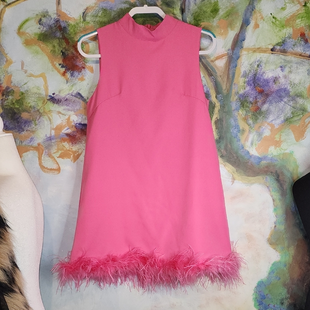 SHEIN Pink Feather Hem Midi Dress